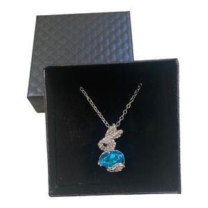 BLUE Crystal Rhinestone Cubic Zirconia Gemstone Easter Bunny Rabbit Necklace